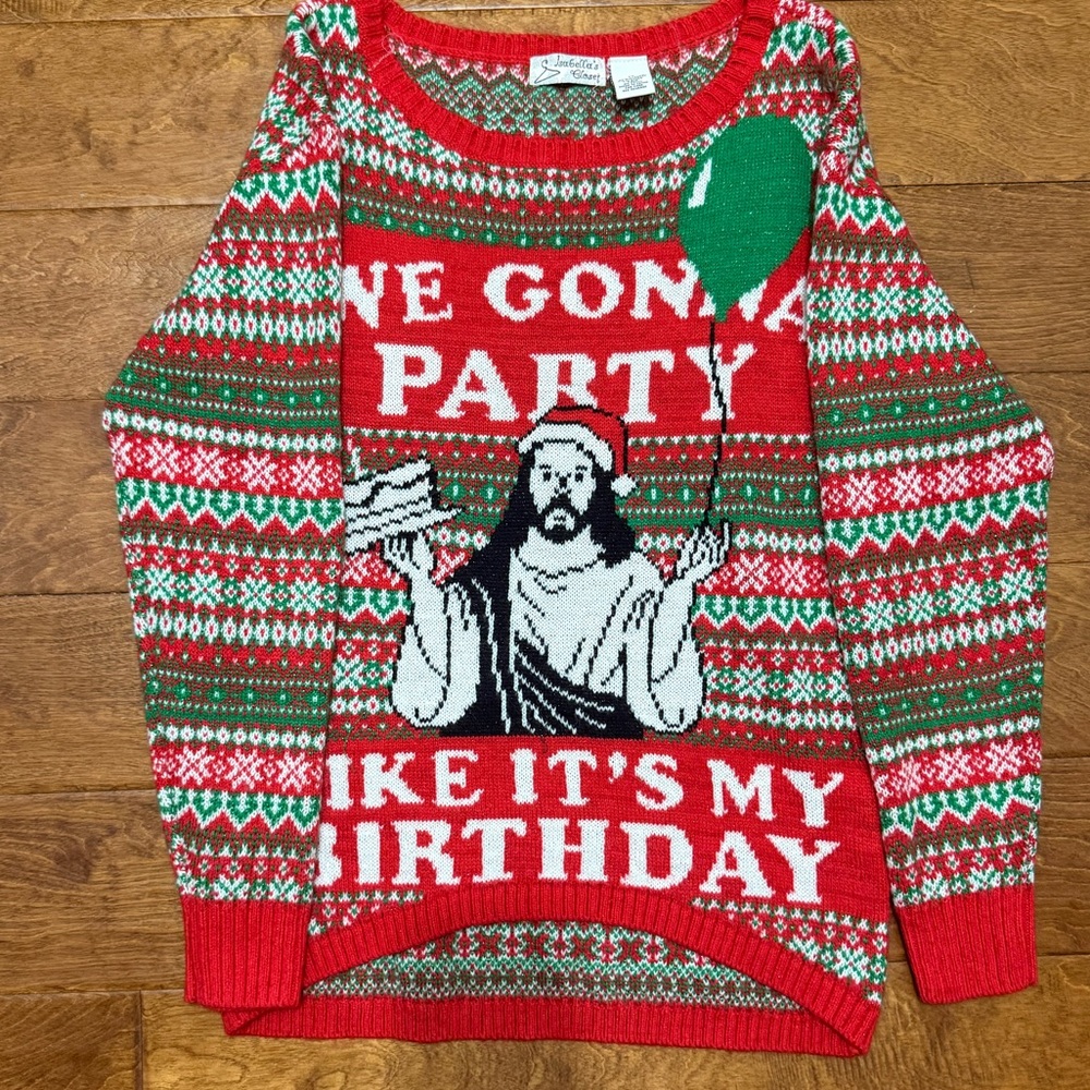 Like New Size M Isabellas Closet Red Christmas Sweater with Jesus Graphic Design